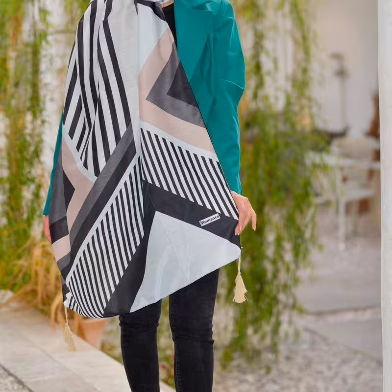 شال زنانه نخی  آبی و کرم 