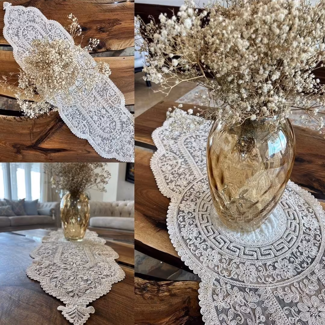 رومیزی 3 تکه تور و مخمل خامه دوزی (پس کرایه)