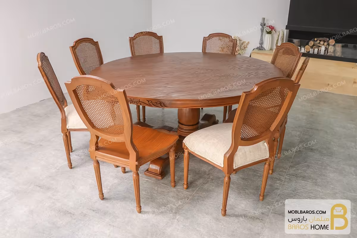 میز ناهارخوری کلاسیک گرد چوبی منبتی مدیسا