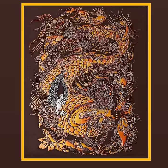 تابلوی لایه چینی یونس در دهان ماهی