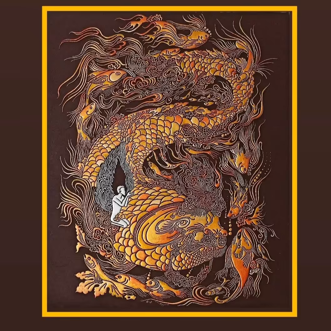 تابلوی لایه چینی یونس در دهان ماهی