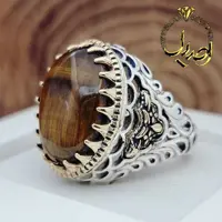 رکاب انگشتر نقره پولکی و بغل تاج برنجی نگین چشم ببر تایگر اصل و معدنی وزن 17 گرم