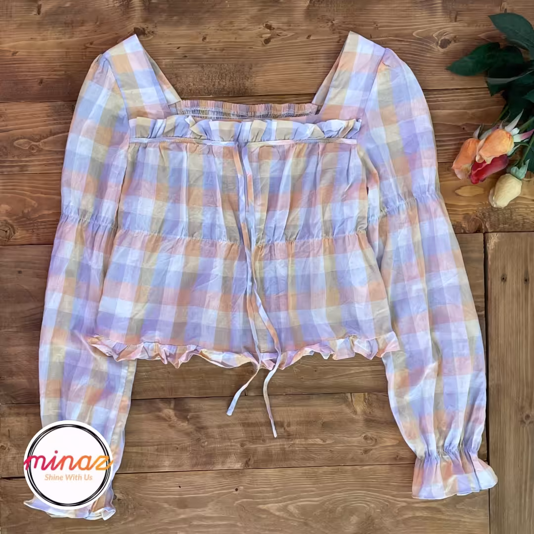 شومیز نخی پشت کمر کشباف چهارخونه آستین بلند