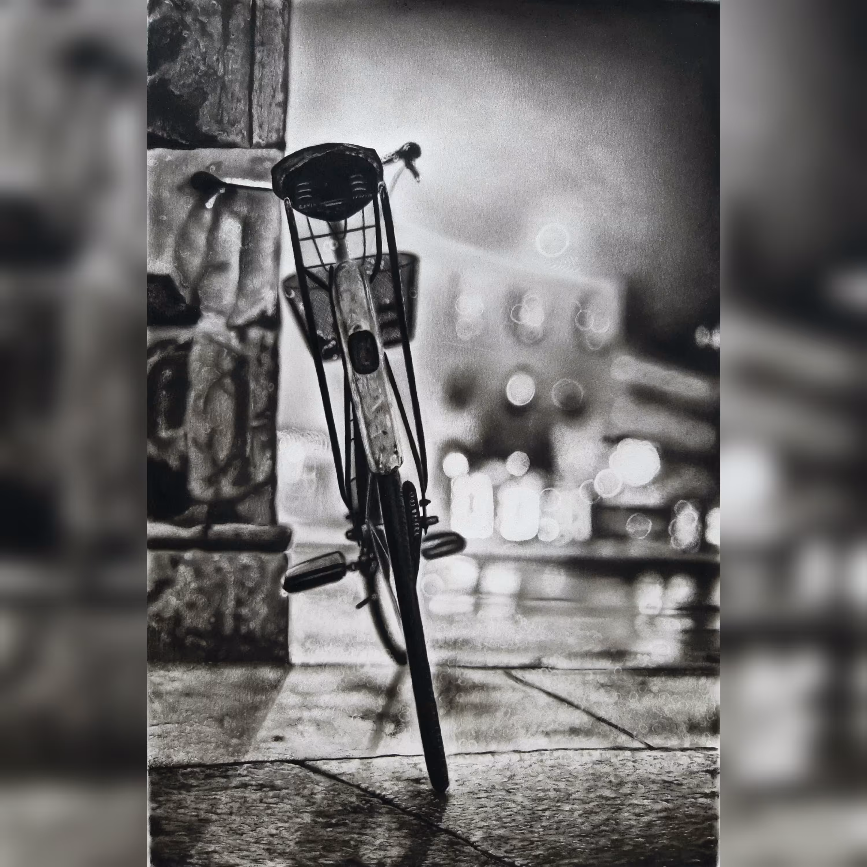 تابلو نقاشی سیاه قلم شب بارانی