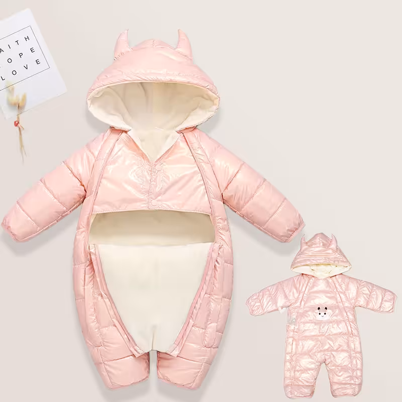 کاپشن سرهمی کلاه دار نوزادی دخترانه صورتی طرح گاو