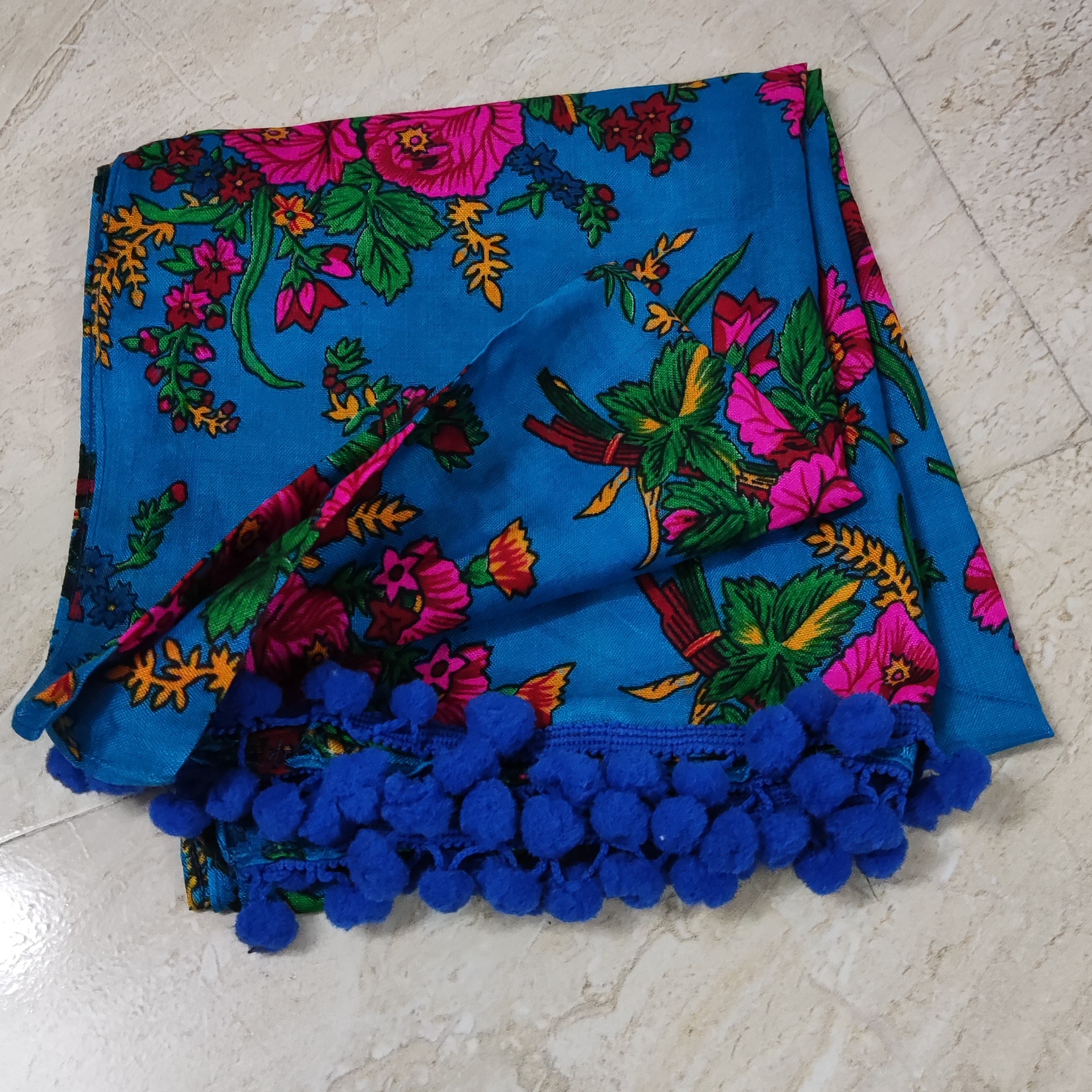 شال موهر پاکستانی گل درشت آبی فیروزه