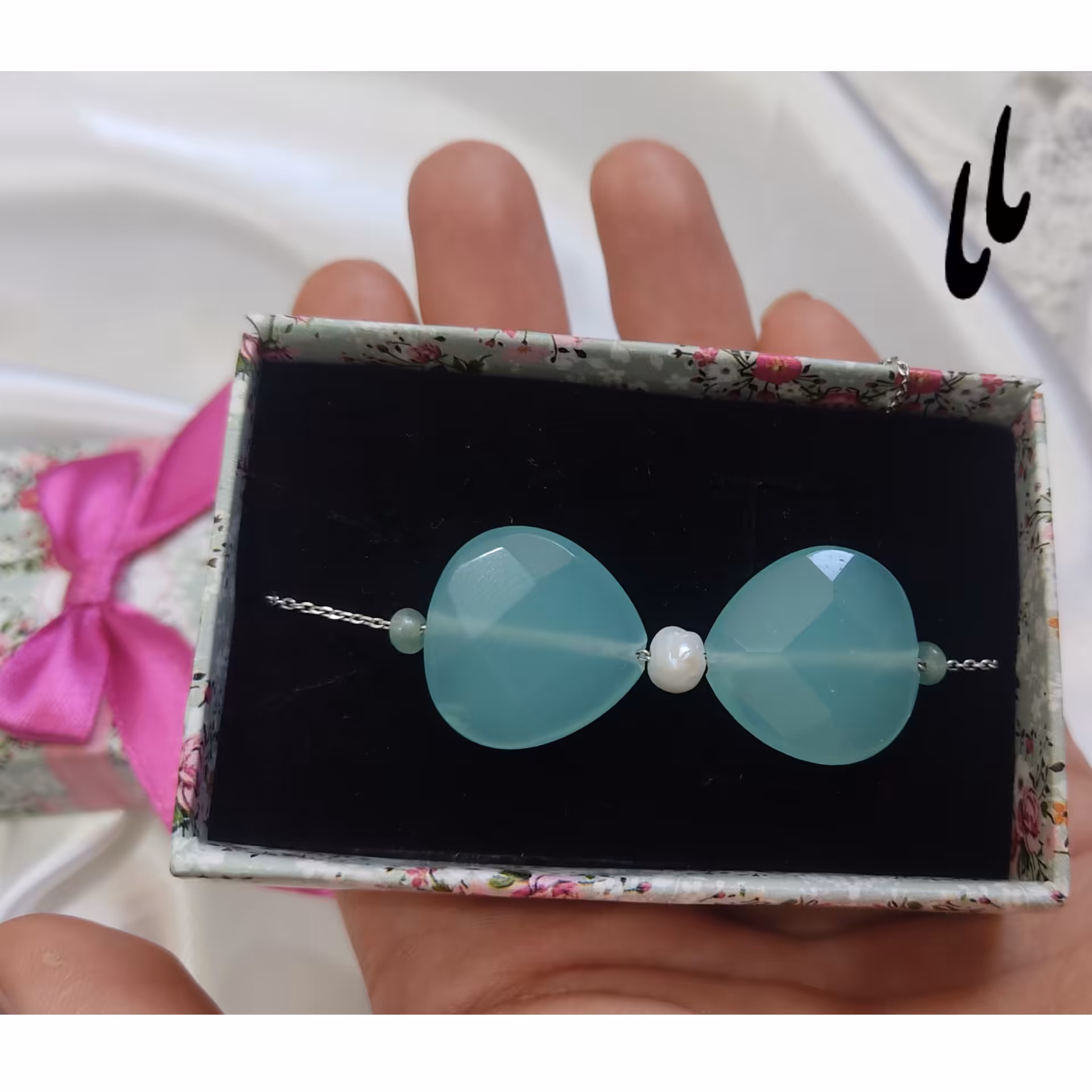 دستبند نقره با سنگهای جید آبی، آونتورین و مروارید پرورشی 