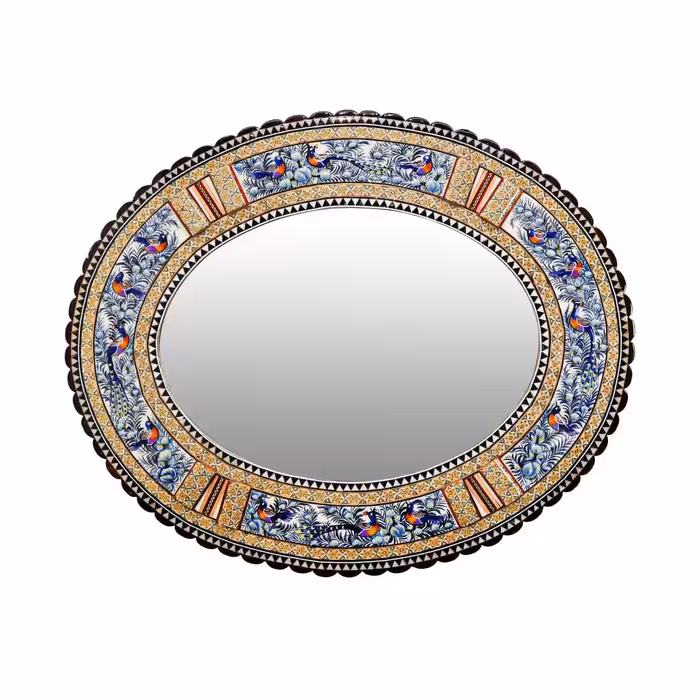 قاب آینه افقی بیضی لبه دالبری خاتم کاری( مدل گل و مرغ برجسته آبی)(گارانتی 120 ماهه)