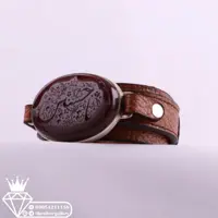 دستبند چرم طبیعی اصل نگین عقیق سرخ خطی منقش به یا حسین(ع) 
