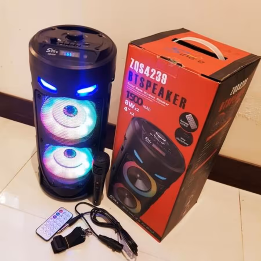 اسپیکر بلوتوثی 8 اینچ  ZQS4239 دوبل باند دارای میکروفون و رقص نور و ریموت متنوع و زیبا  با حجم صدای بالا و با کیفیت 