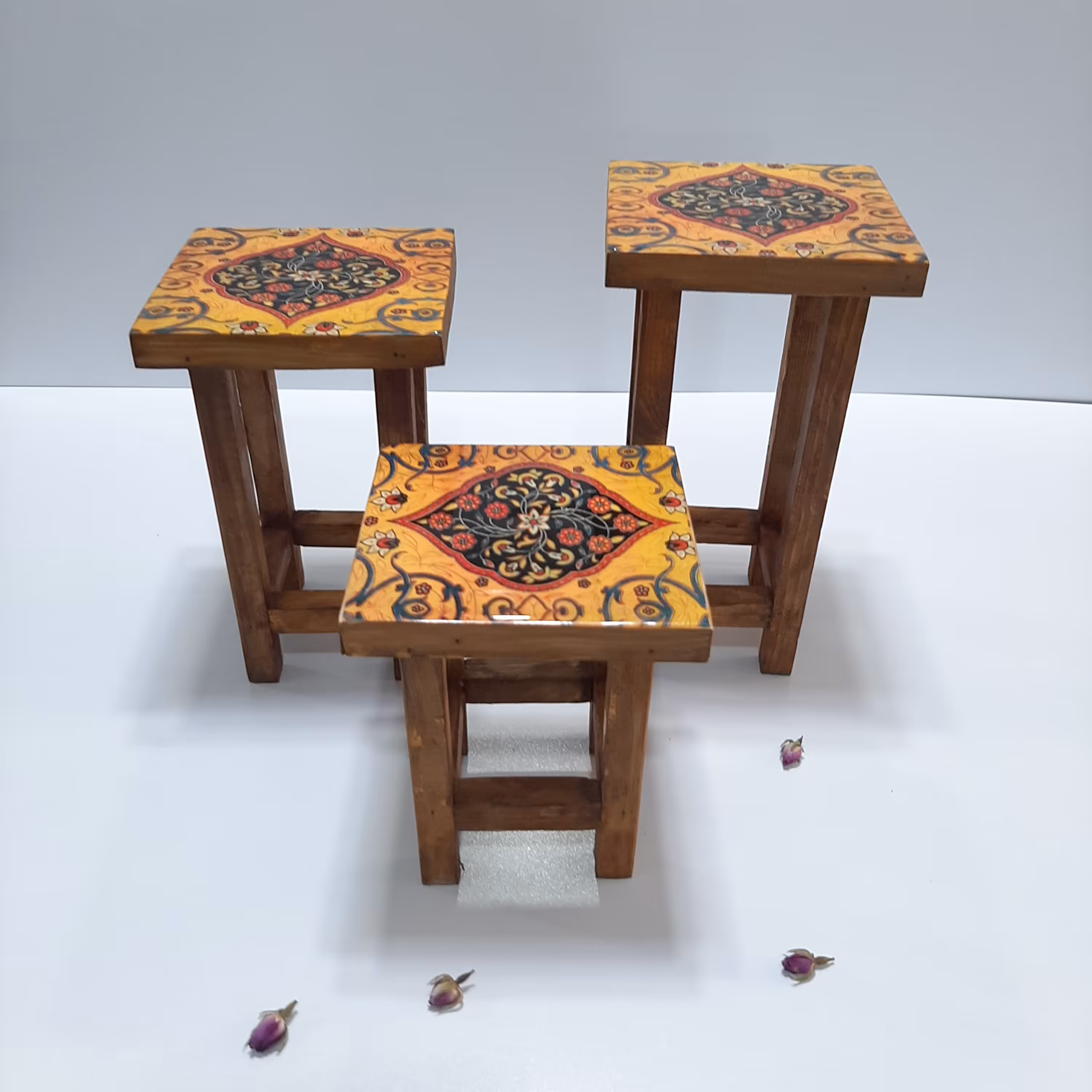 چهارپایه چوب و رزین مجموعه سه عددی مناسب زیر گلدانی کیفیت بالا