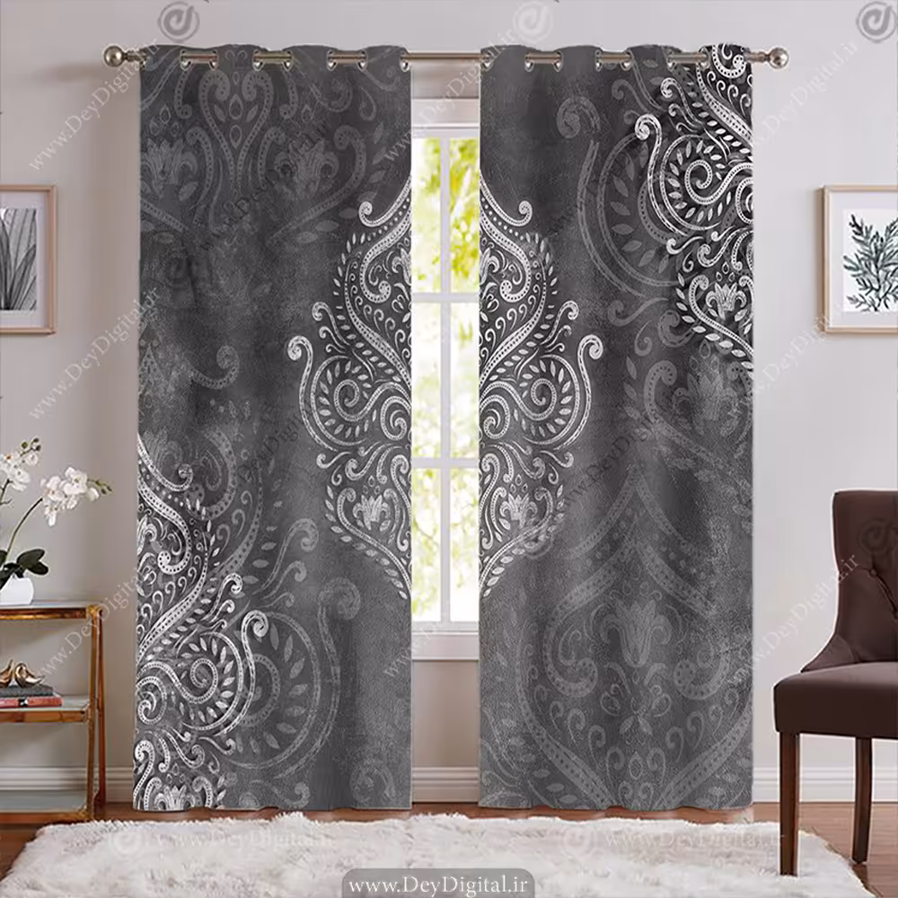 پرده تصویری پانچی مدل داماسک رنگ طوسی PK-7782