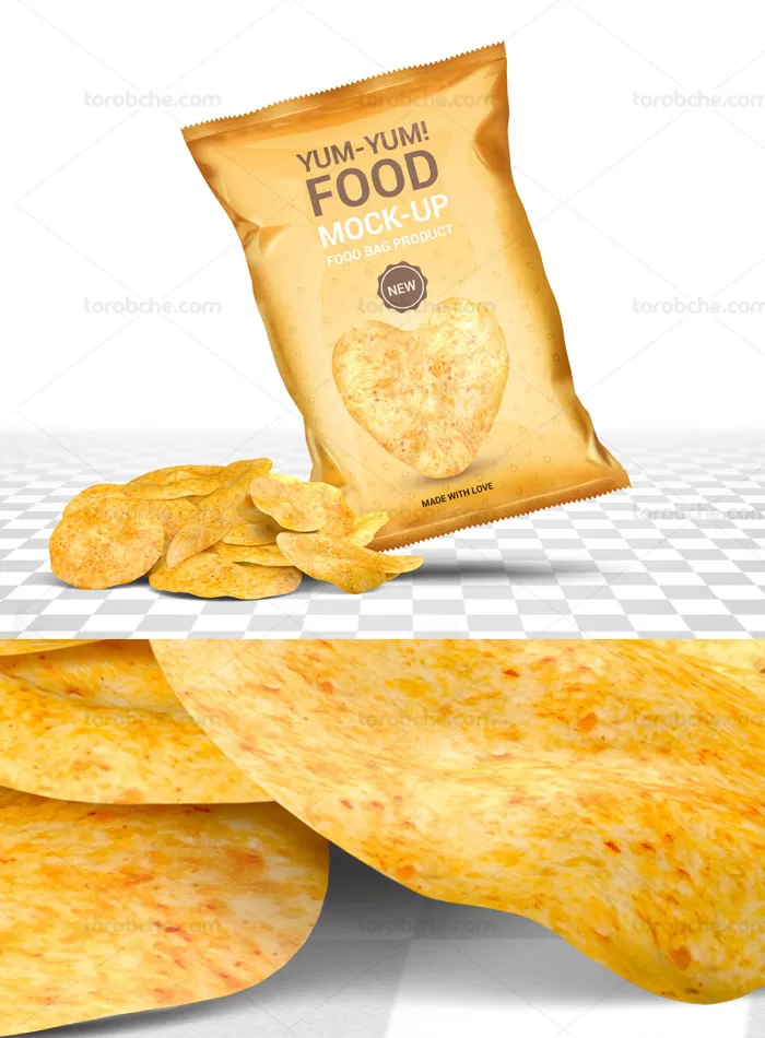 موکاپ بسته بندی چیپس به صورت کاملا لایه باز - گرافیک با طعم تربچه
