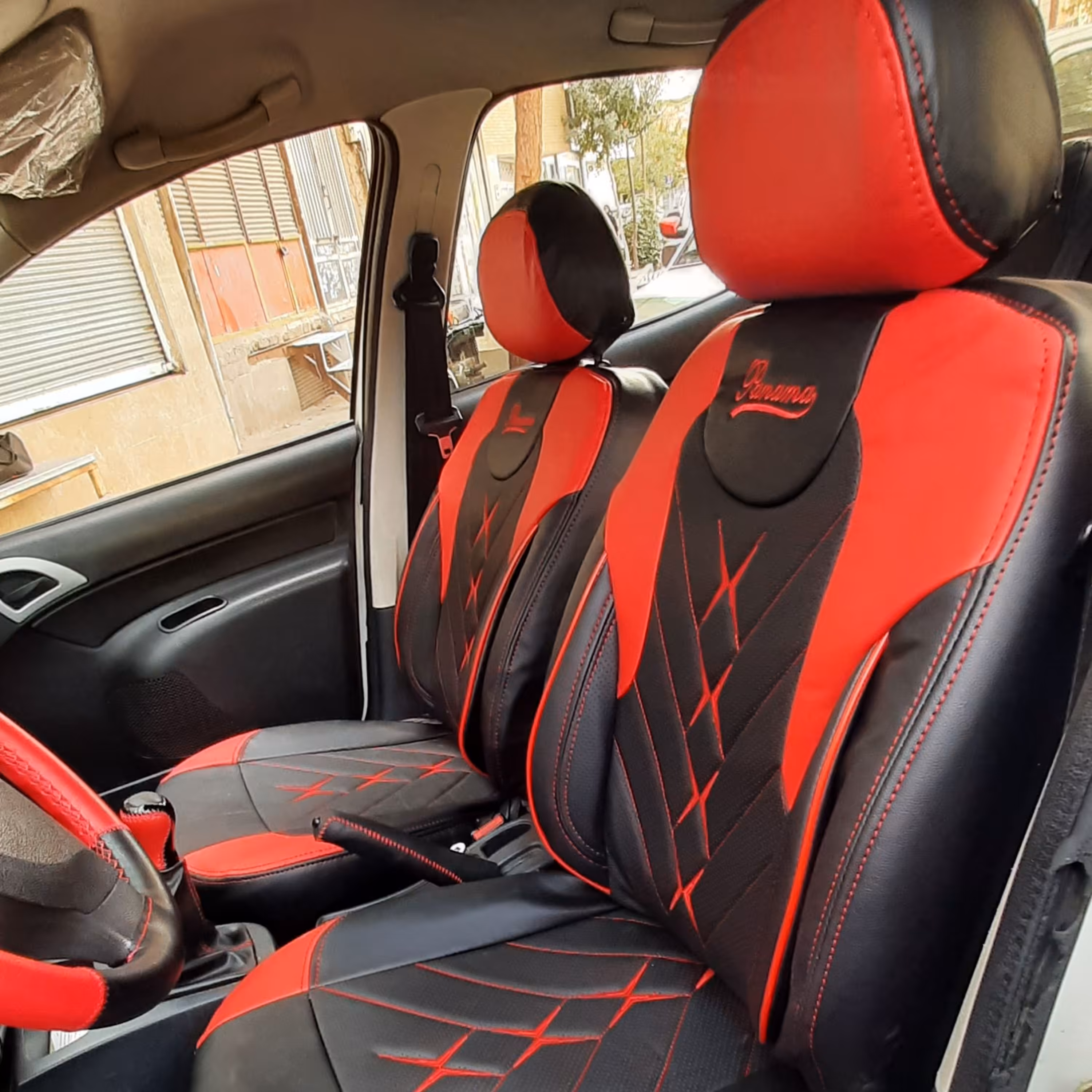 روکش صندلی پرشیاقدیم مشکی قرمز جنس تمام چرم کیفیت بالا مدل پاناما الگو فابریک