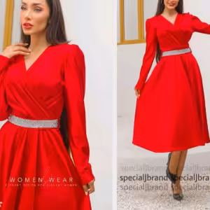 پیراهن مهمانی زنانه ساتن دوطرف کش کره ای مدل تونیک الماس