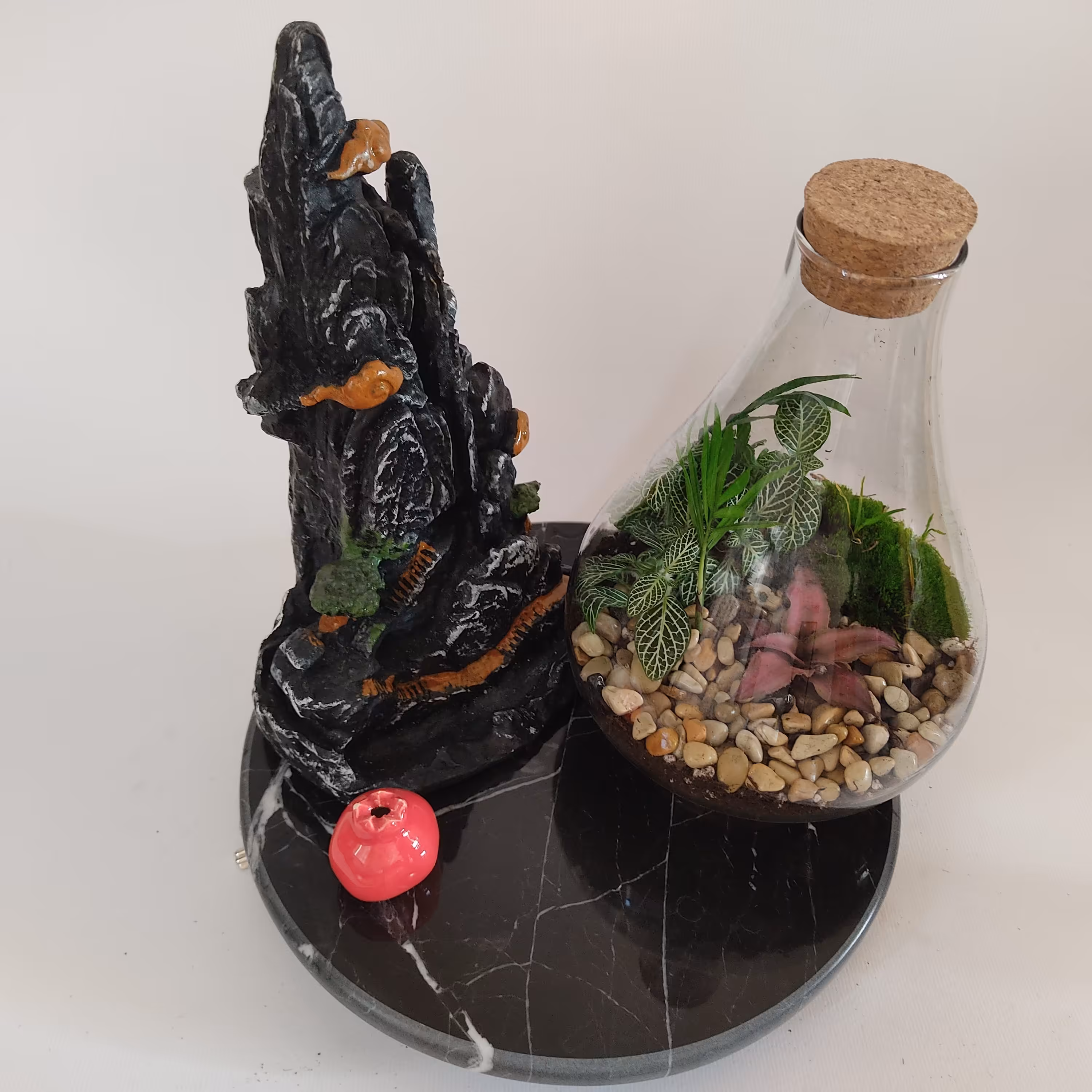 تراریوم همراه جاعودی آبشاری طرح یلدا - پایه سنگ - رنگ مشکی- همراه عود آبشاری