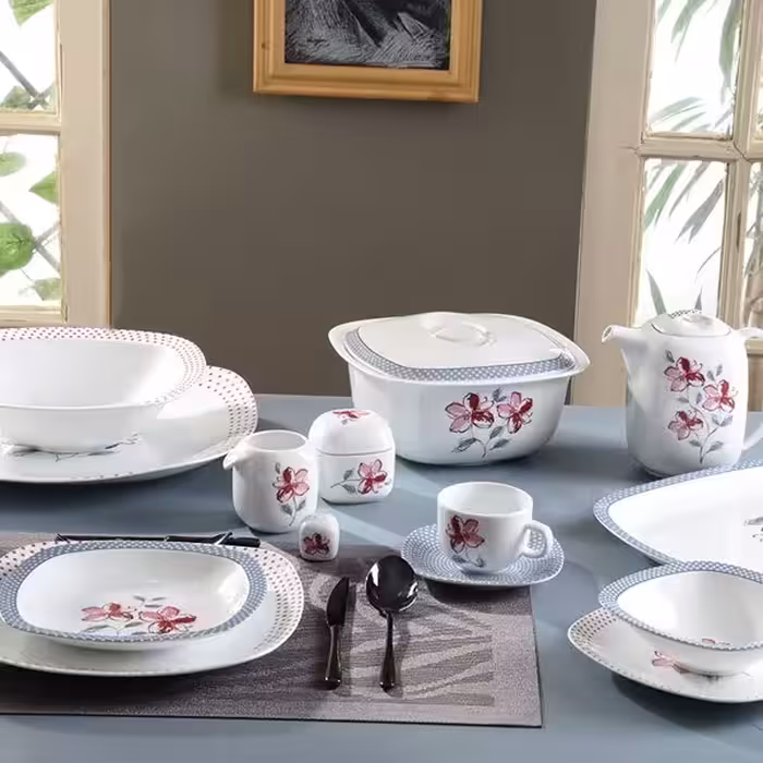 سرویس چینی زرین 6 نفره طرح والنسیا ارغوانی قالب کواترو 27 پارچه