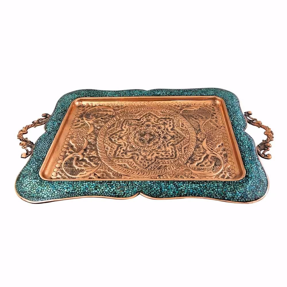 سینی چای خوری فیروزه کوبی و قلم زنی شده مس و فیروزه کوبی نیشابور صنایع دستی سایروس 