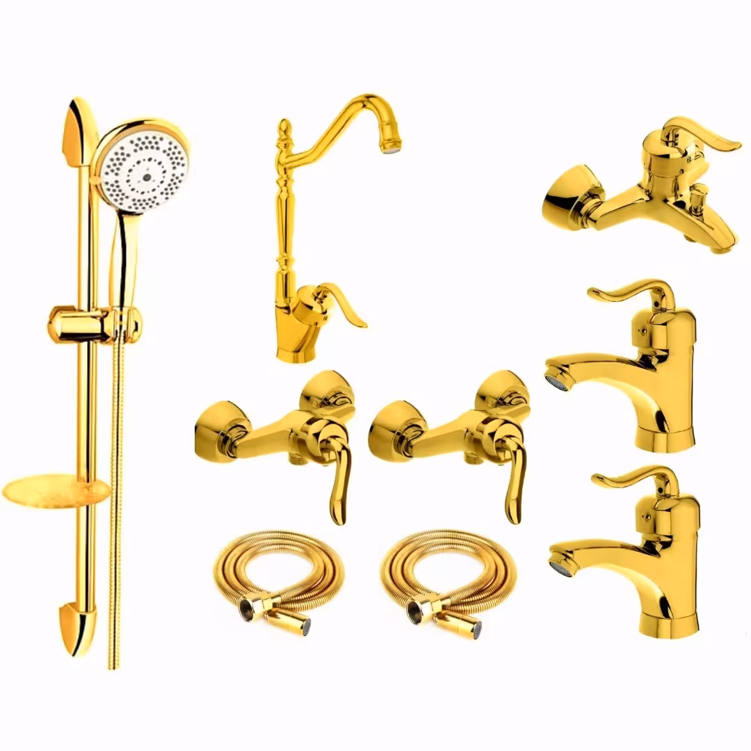 ست شیرآلات رز مدل بیزانس لایت مجموعه 9 عددی طلایی به همراه علم دوش حمام و شلنگ سرویس بهداشتی 