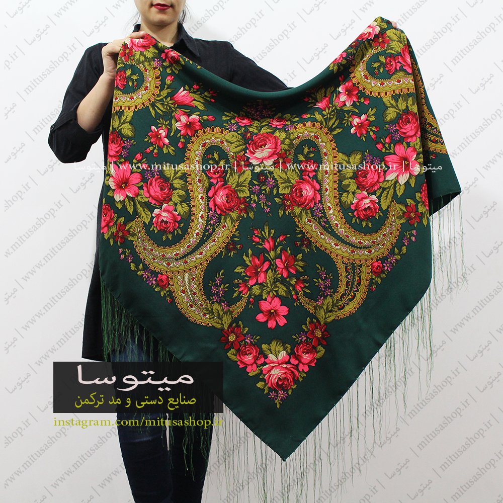 روسری ترکمن نخ ابریشم دوتار سبز یشمی