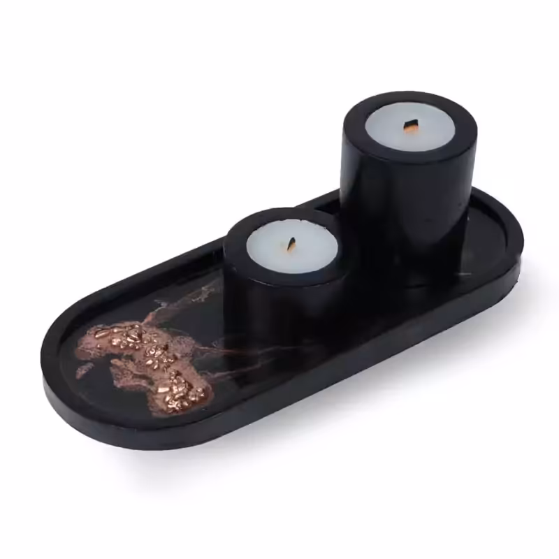 02404023-ست شات شمع استوانه و سینی بیضی ماربل مشکی مسی