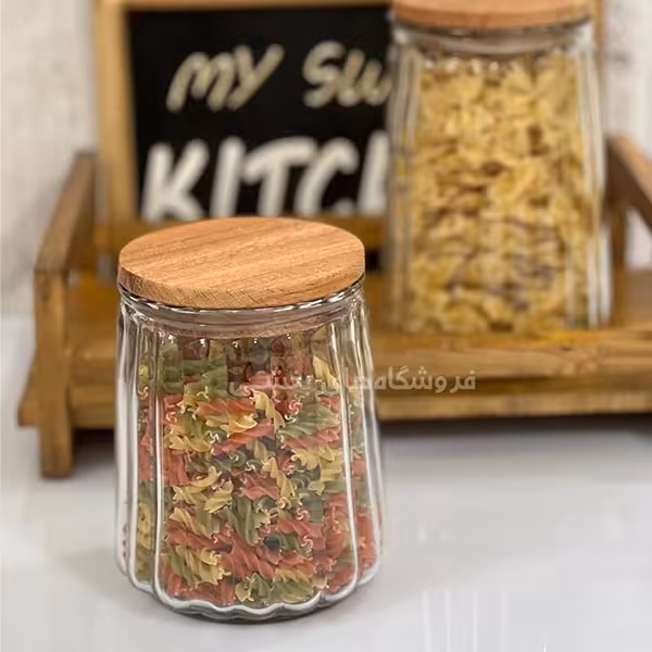 بانکه شیشه ای مدل رومی درب چوبی نیلوفر سایز 3