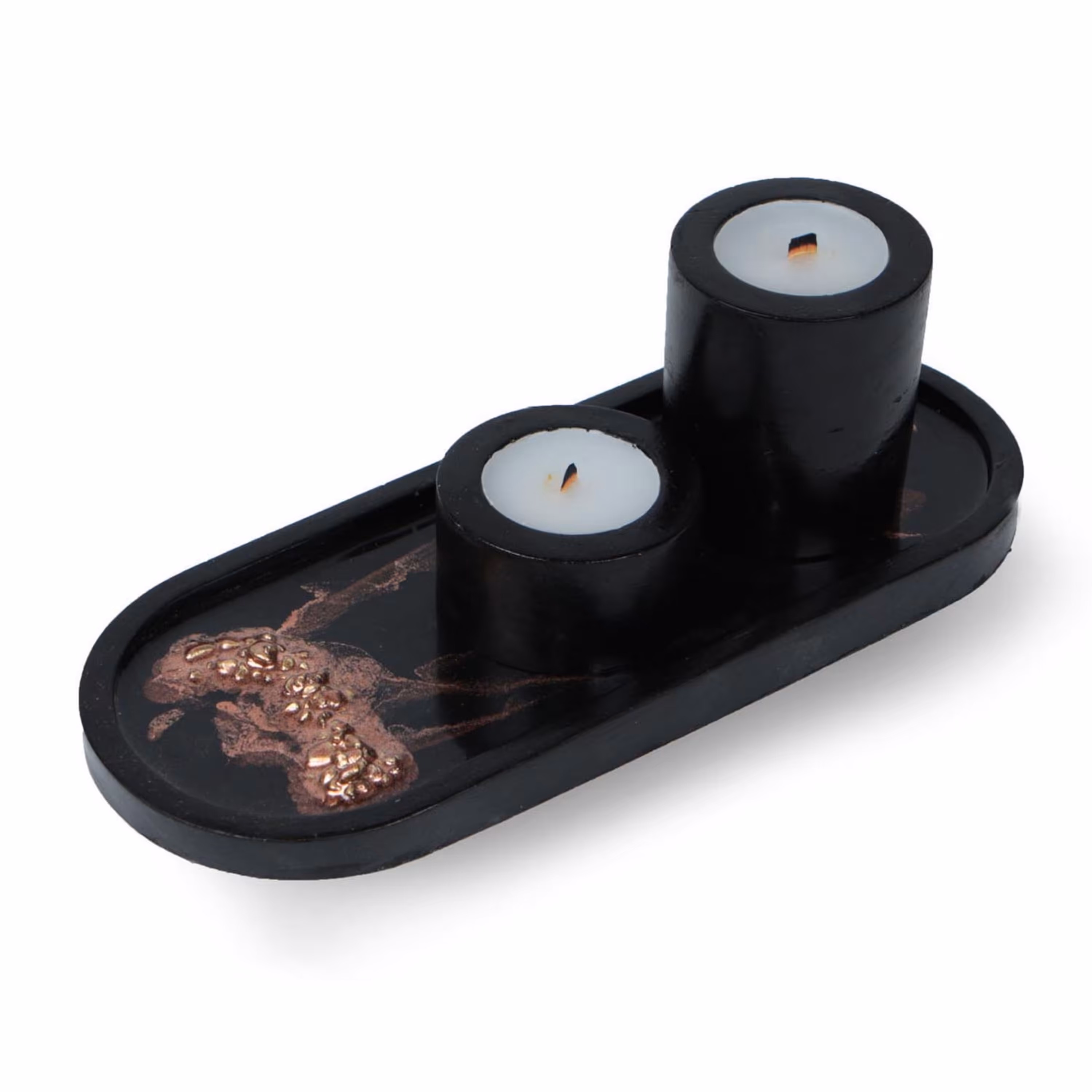 02404023-ست شات شمع استوانه و سینی بیضی ماربل مشکی مسی