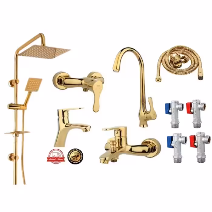 ست کامل شیر آلات طلایی با الم طلایی دوکاره -شلنگ -4عدد شیر پیستوار 