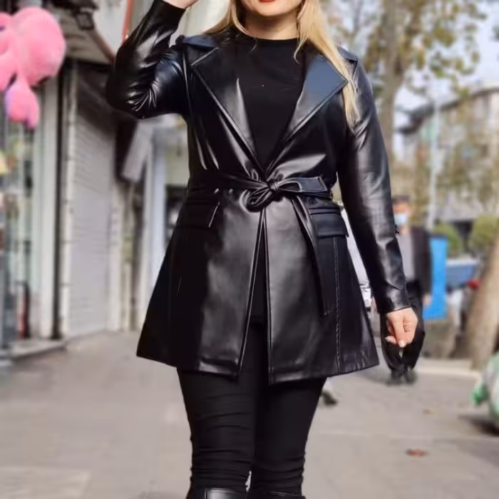 کت تک مشکی کت چرم مشکی کت تک کمربنددار کت چرم زمستونه