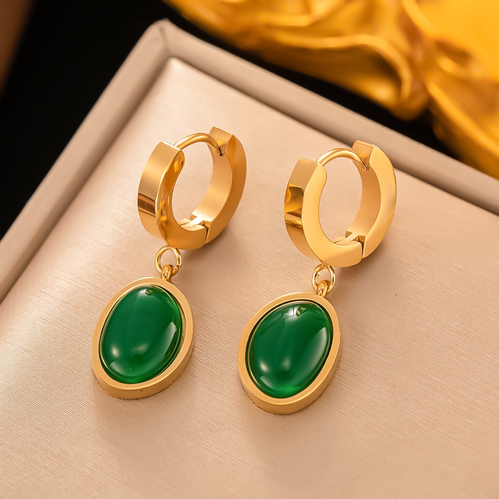 گوشواره استیل نگین سبز  - کد 1010030163