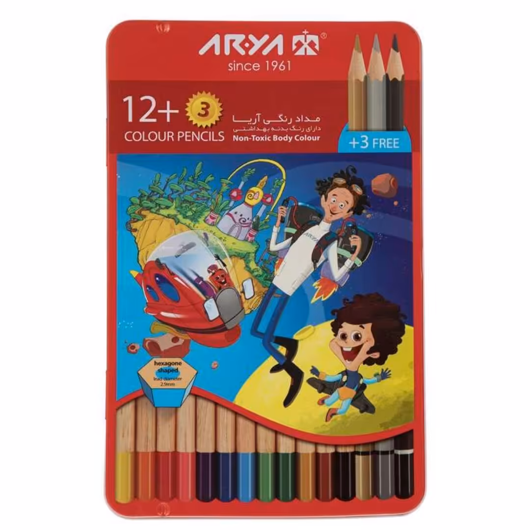 مدادرنگی 12+3رنگ آریا جعبه فلزی