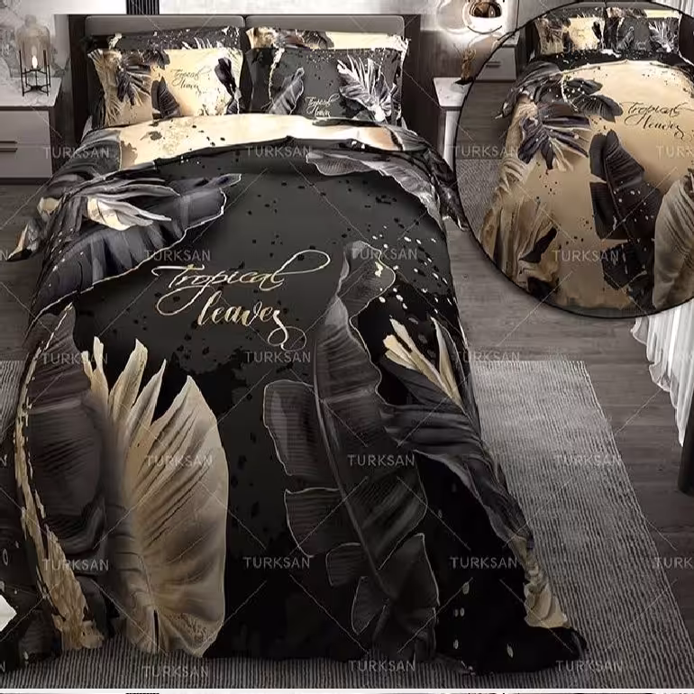 سرویس روتختی دونفره دیجیتالی سه بعدی دورو طرحدار ترک طرح  هاوایی مشکی-کرم برند ترکسان