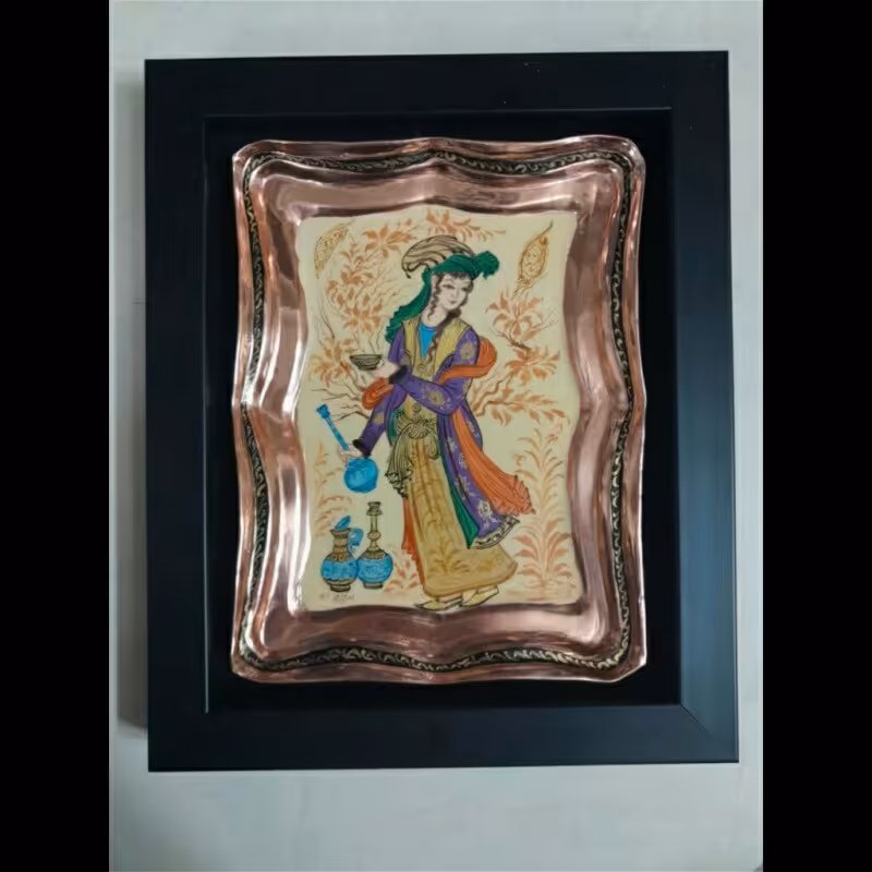 قاب مینیاتور  زیبا ( سینی مسی نقاشی شده طرح صفوی ابعاد 18 در 21 cm )