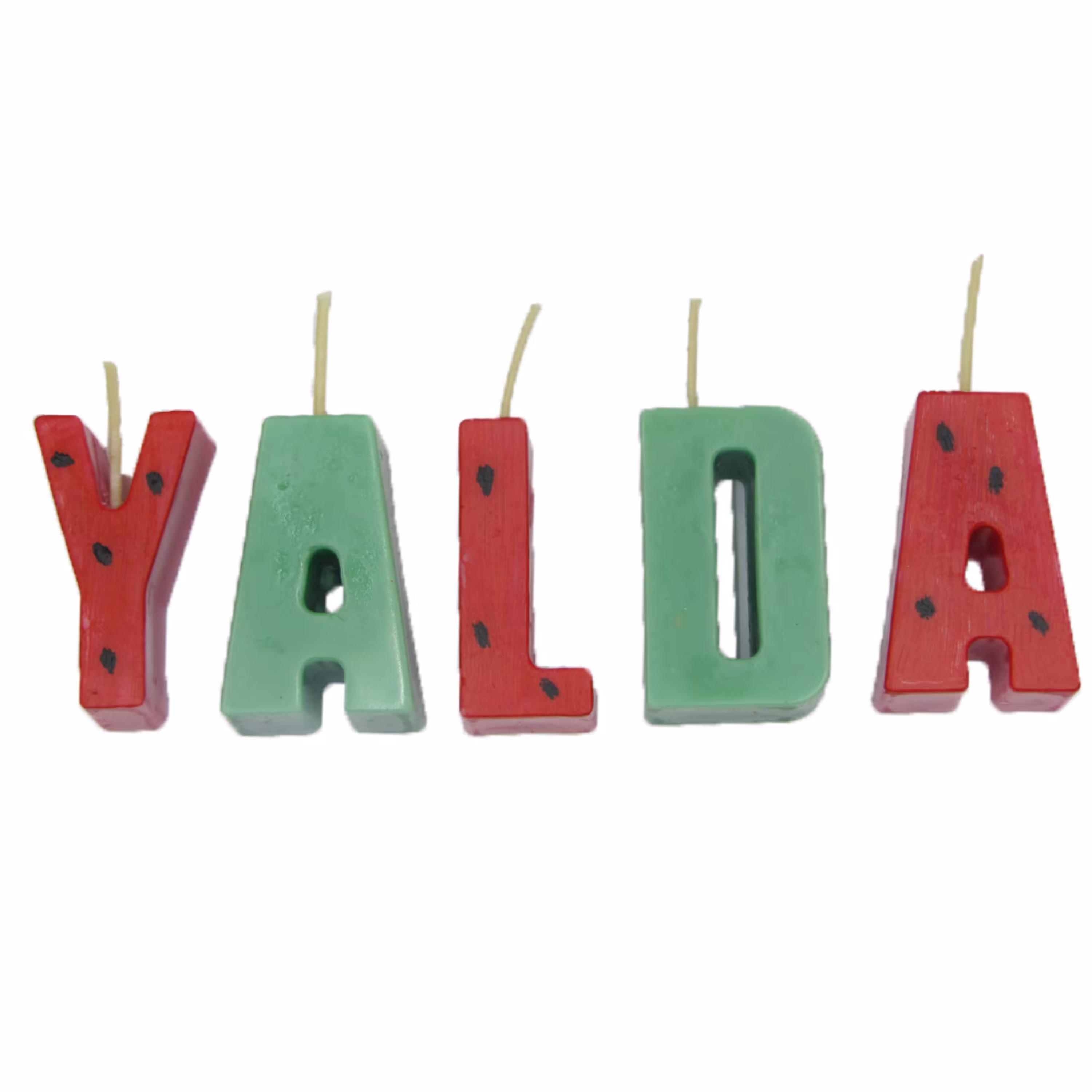 شمع دست ساز مدل یلدا حروف در رنگ هایه قرمز و زرد قابل سفارش سایز 10 سانت