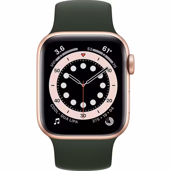 سری 6 آلومینیوم 44 میلیمتری مردانه قاب طلایی با بند سولو لوپ سبز - Hiapple.ir