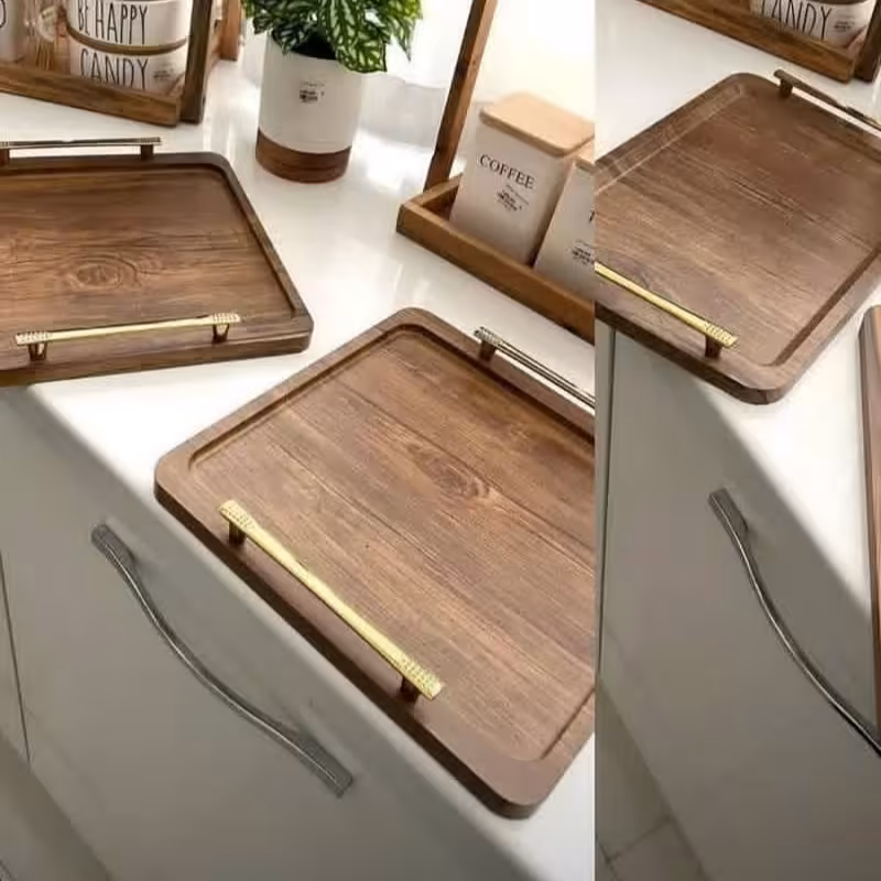 سینی چوبی مربع دسته طلایی 