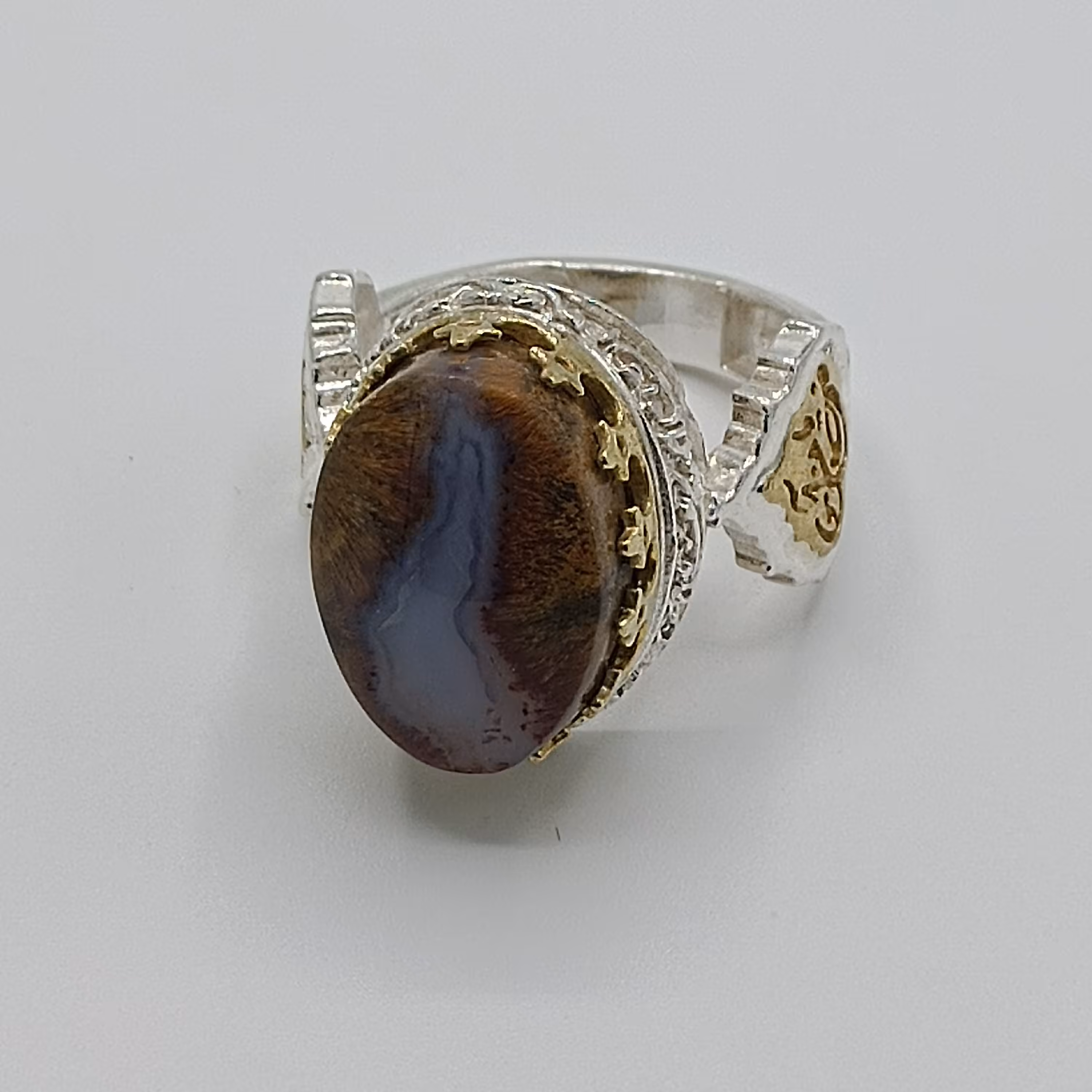 انگشتر نقره مردانه تاج برنجی نگین عقیق شجر پاییزی معدنی کد 962