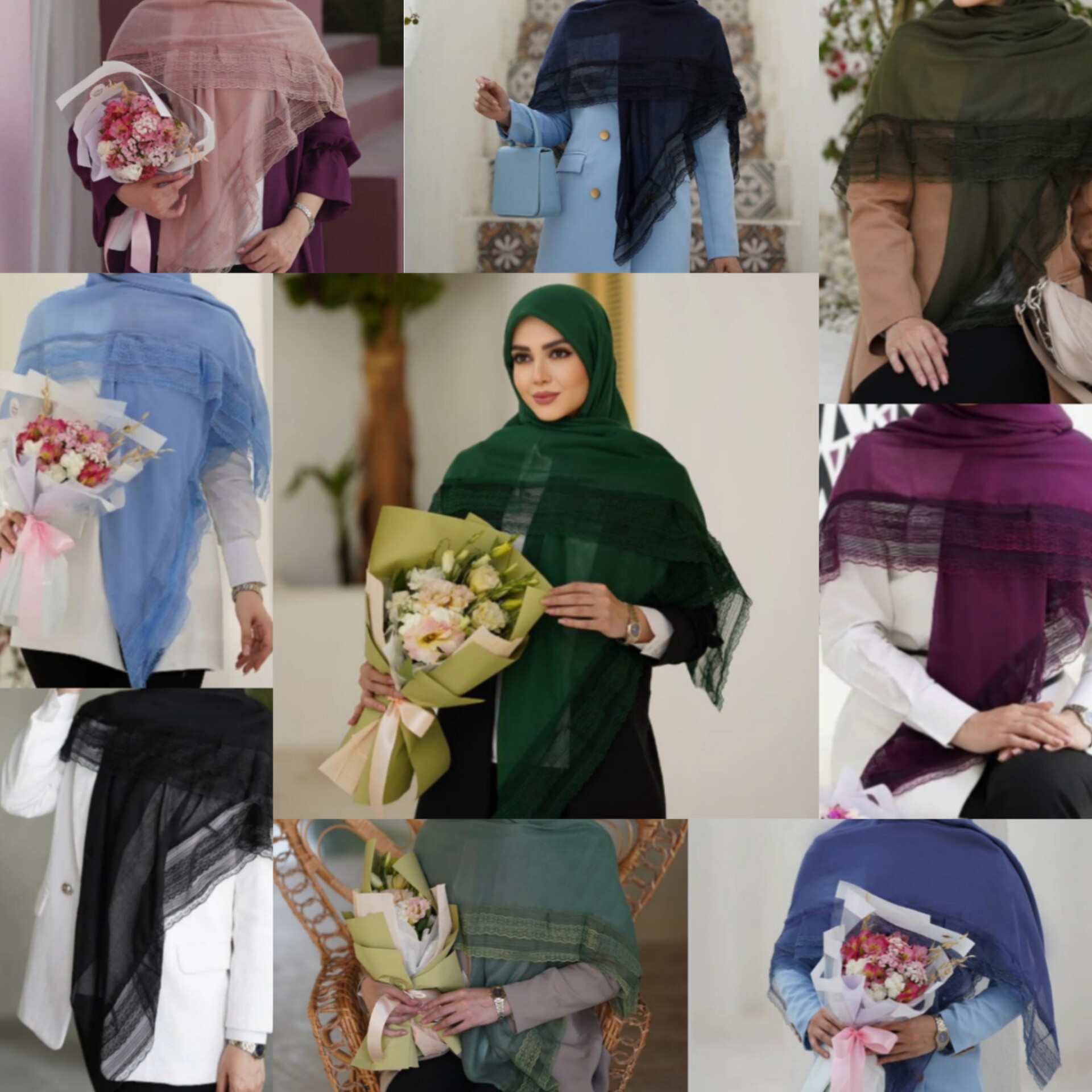 روسری نخ پنبه دانتل دار زمینه ساده کیفیت اصلی
