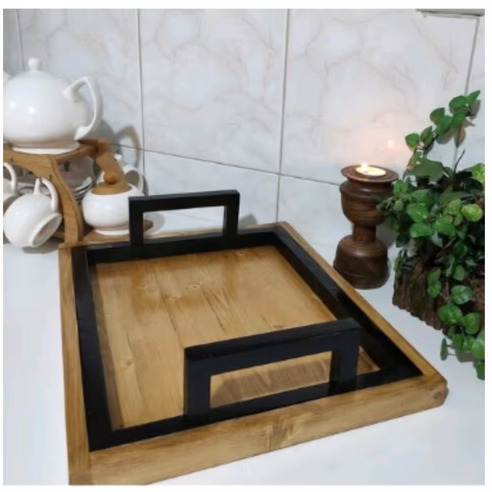 سینی دکوراتیو چوبی چوب روس دو رنگ قهوه ای و مشکی ضد آب 