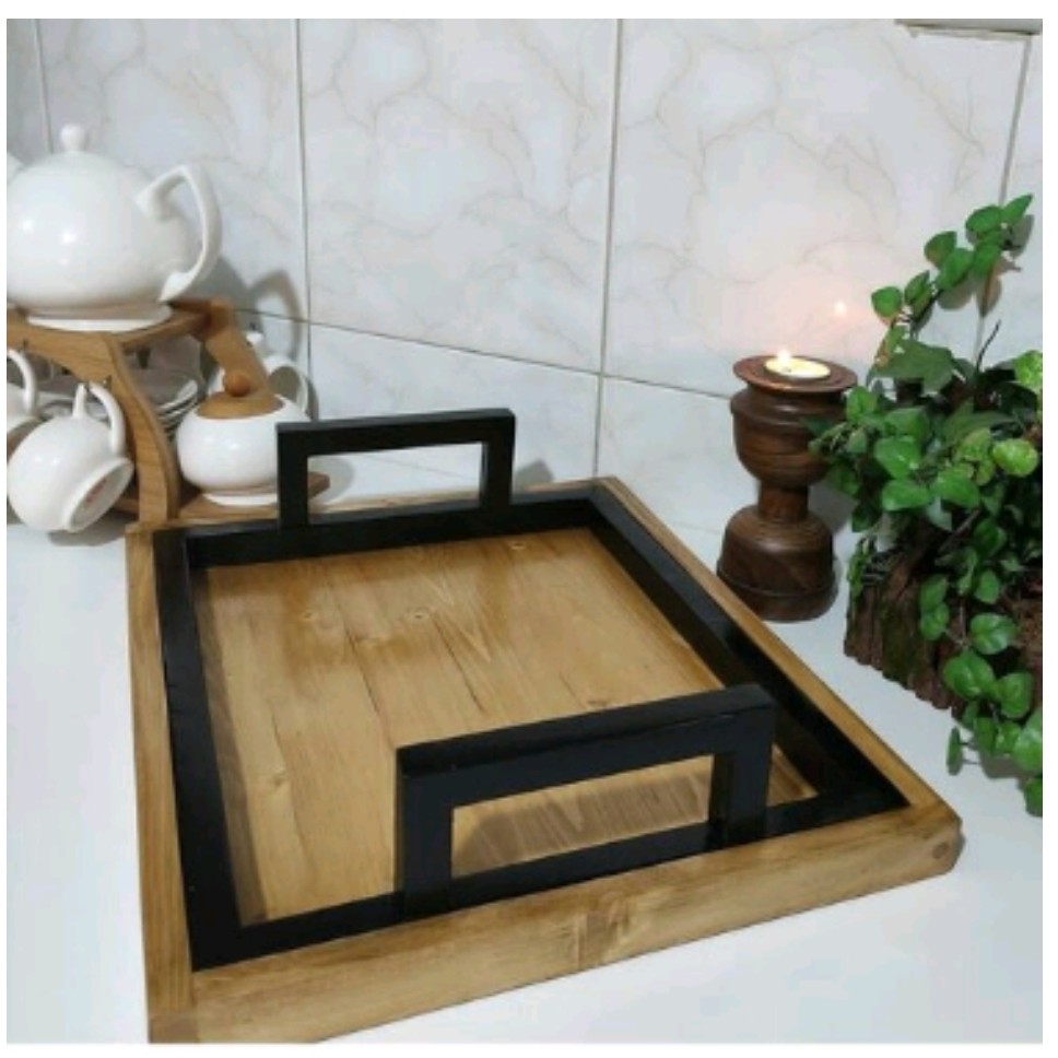 سینی دکوراتیو چوبی چوب روس دو رنگ قهوه ای و مشکی ضد آب