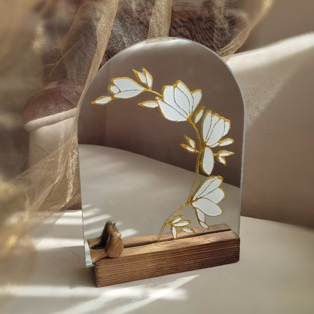 آینه ویترای رو میزی با استند چوبی ، آینه نقاشی شده 