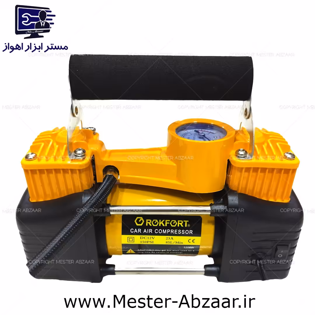پمپ باد فندکی دو سیلندر خودرو کمپرسور طرح دیوالت برند راکفورت با چراغ قوه و لوازم ROKFORT