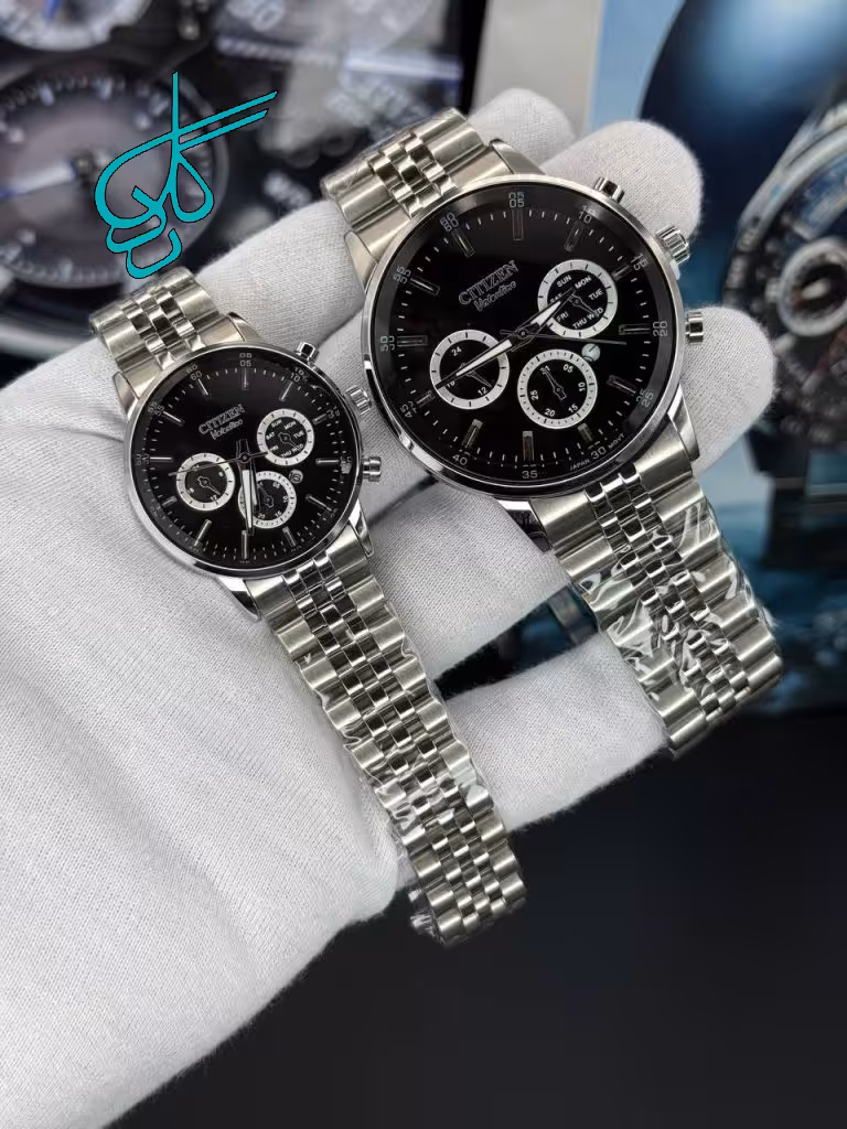 خرید ست ساعت مردانه و زنانه فلزی سیتیزن ولنتینو طرح کرنو موتور میوتا ژاپن شیشه تراش ضدآب کد 2116848 - ردگل