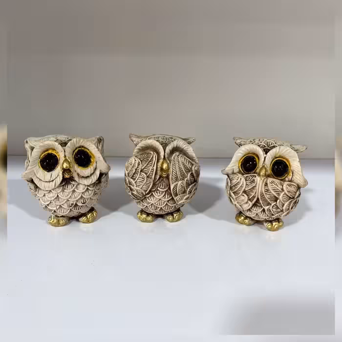 مجسمه  تزیینی دکوری  جغد در سه حالت نبین نگو و نشنو  با جنس پلیستر  کادویی عشق پک سه عددی با هم