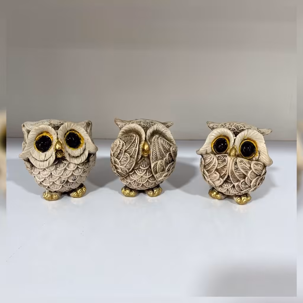 مجسمه  تزیینی دکوری  جغد در سه حالت نبین نگو و نشنو  با جنس پلیستر  کادویی عشق پک سه عددی با هم