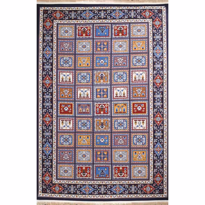 گلیم ماشینی افرند کد 9905 زمینه سرمه ای (یک و نیم متری)