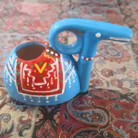 شمعدان یا جاشمعی سفالی طرح بز ، دستساز، رنگ آبی  ،طرح سنتی