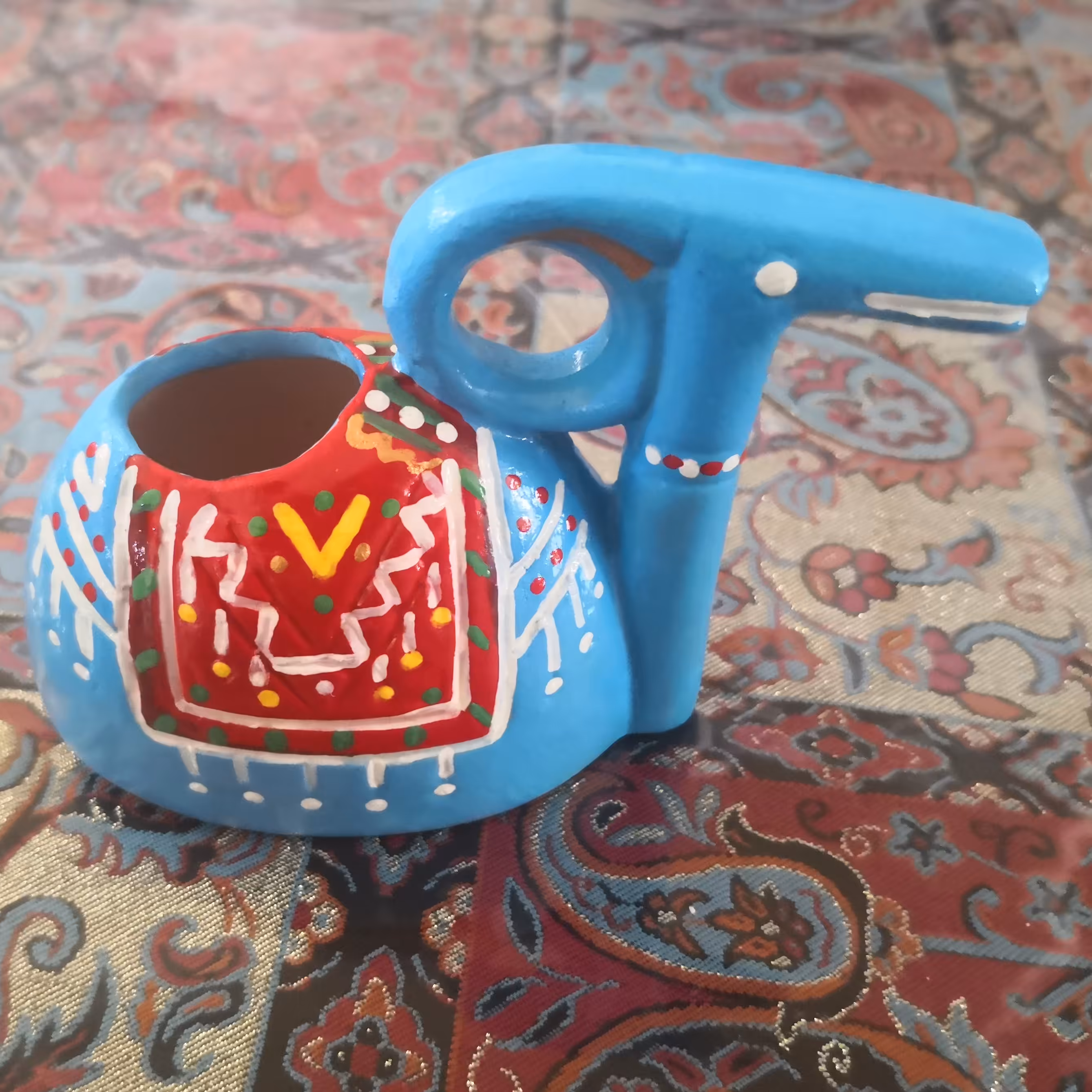 شمعدان یا جاشمعی سفالی طرح بز ، دستساز، رنگ آبی  ،طرح سنتی