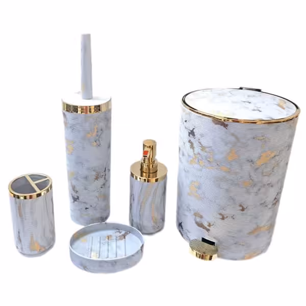 ست بهداشتی 5 پارچه خط ریز ماربل (طوسی کمرنگ طلایی) کنتراست