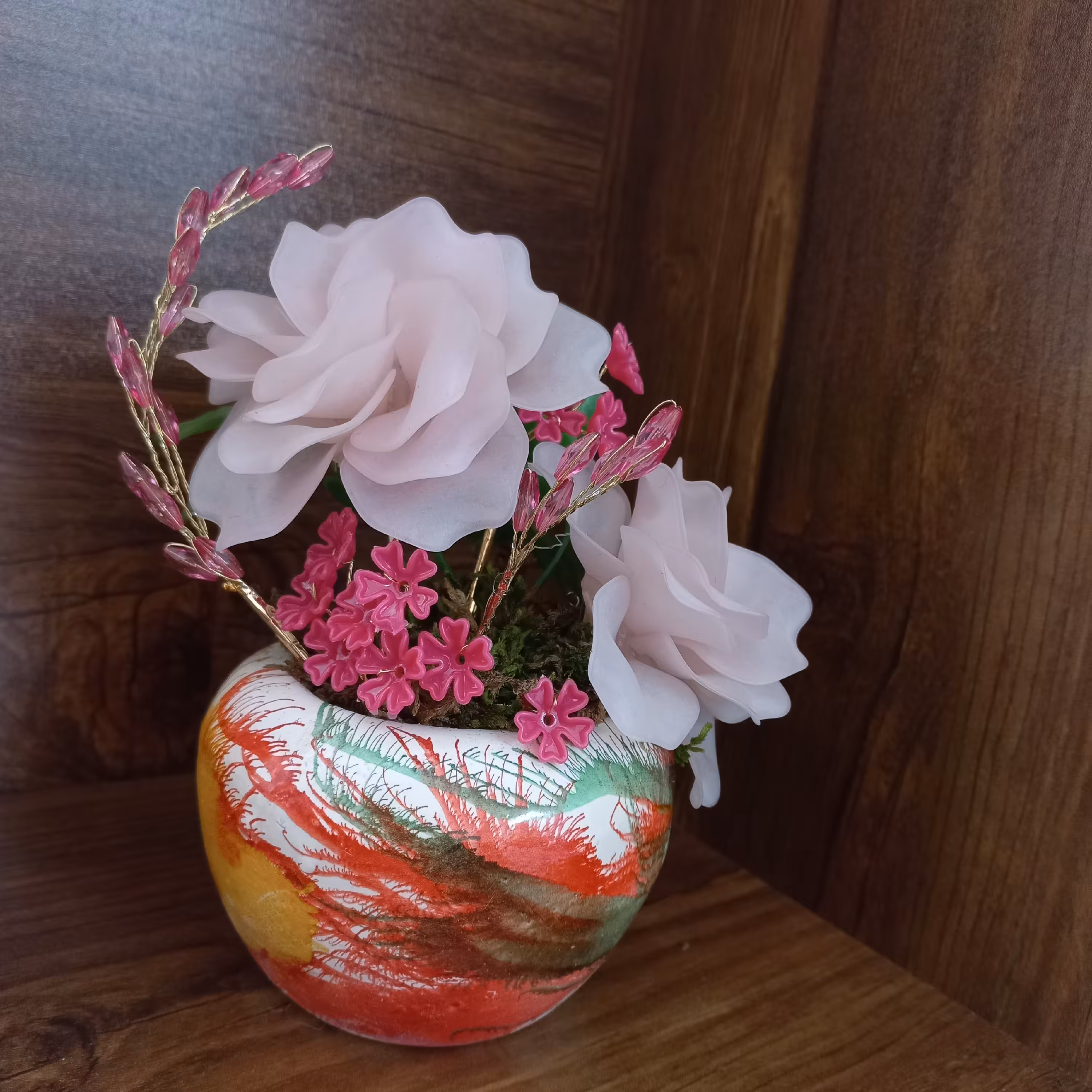 گلدان7رنگ سایز بزرگ_ 2گل رز بزرگ گلبهی